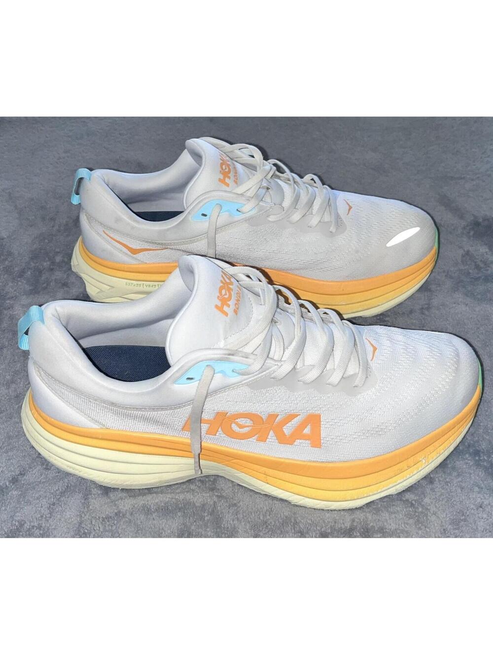 Hoka One One Bondi 8 Mens Size 14D White Orange Cushioned Running Shoes